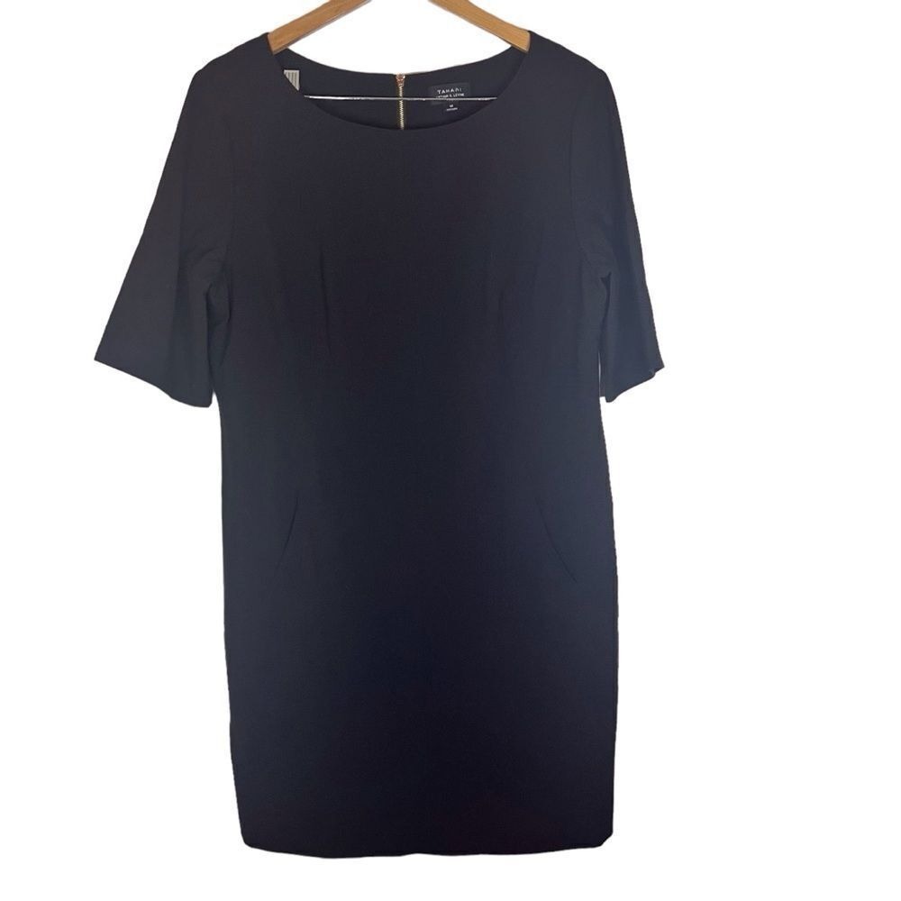 Tahari Womens Short Sleeve Black Knee Length Dress Size‎ 16 Pockets Wedding